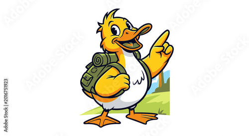 Cartoon yellow duck traveler character with backpack pointing upwards.