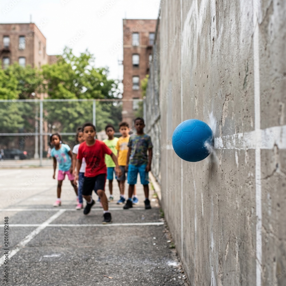 Obraz premium A blue handball striking a concrete wall on a city court, with children waiting for the rebound in the blurred background, highlighting youthful recreation 1:1 ratio.
