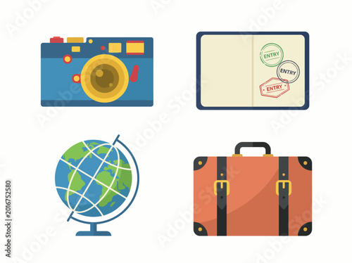 Quadro em tela This vibrant image features essential travel items including a camera, globe, suitcase, and a passport showcasing the excitement of exploration and adventure