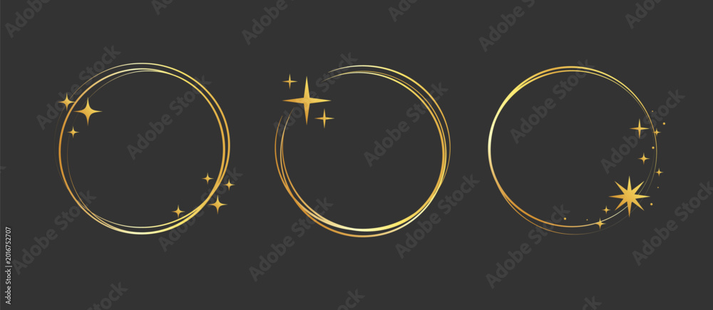 Fototapeta premium Gold frame star line set. Gold ring glitter border with celestial magic light sparkle glow. Modern jewelry ornament fantasy christmas starburst ray decoration. Vector illustration