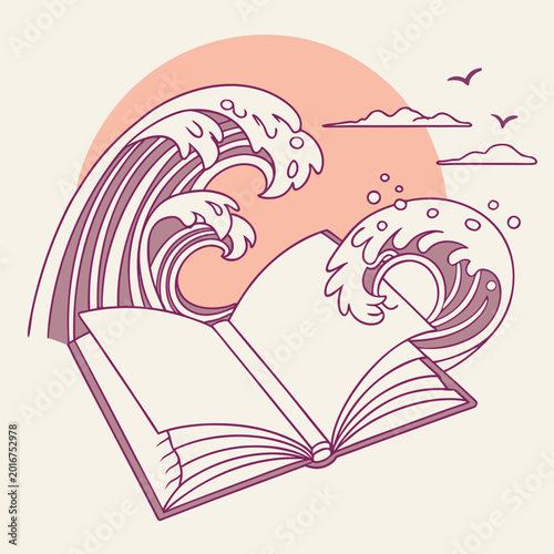 Принти на полотні Book with huge wave and birds on peach background.