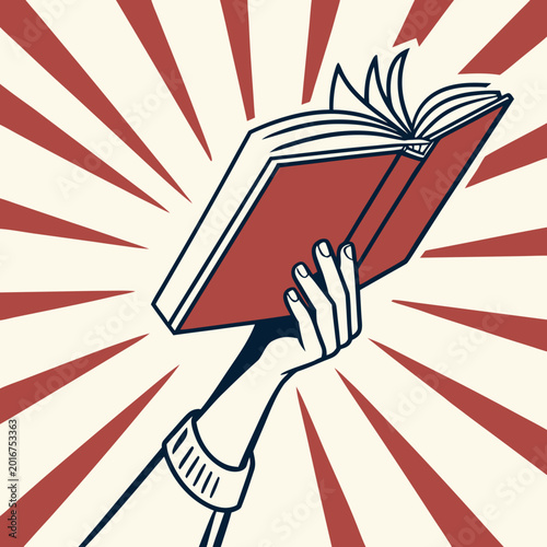 Fotografía Red book held aloft by hand with radial stripes.