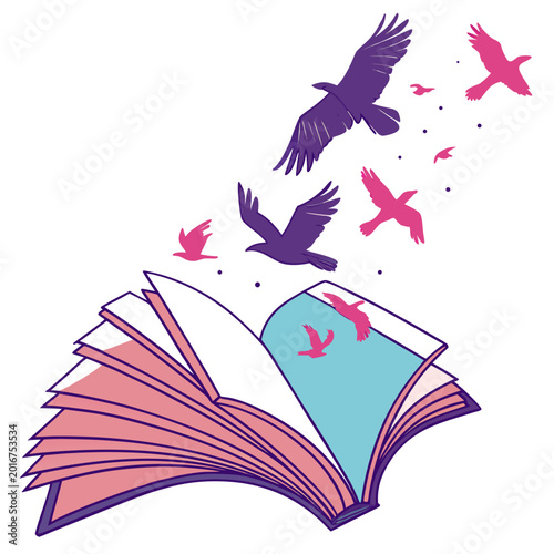 Cuadro en lienzo Open book with birds emerging from pages.