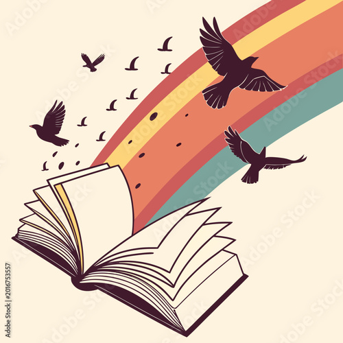 Foto Open book releasing birds into colorful sky.