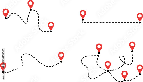 Four route diagrams with red location markers and dashed paths symbolizing travel, navigation, mapping, journey planning, and destination concepts