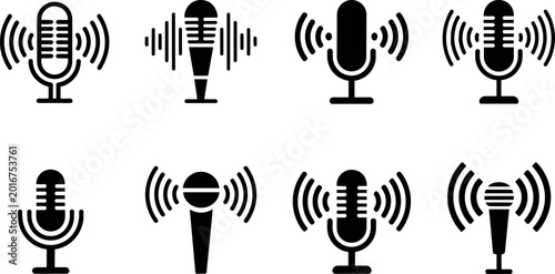 Photos Microphone icon set with sound wave signals featuring podcast audio recording br