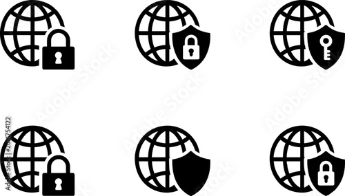 Six globe security icons with padlocks, shields, and keys symbolizing internet safety, online privacy, cybersecurity, and data protection concepts