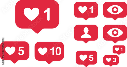 Social media notification icon set featuring like heart counters followers views and user alerts in modern flat red design