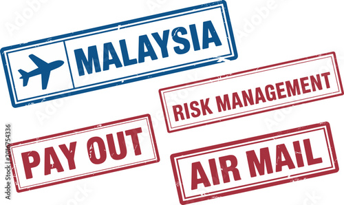 Fotografía Travel and business rubber stamp set featuring Malaysia air mail payout and risk