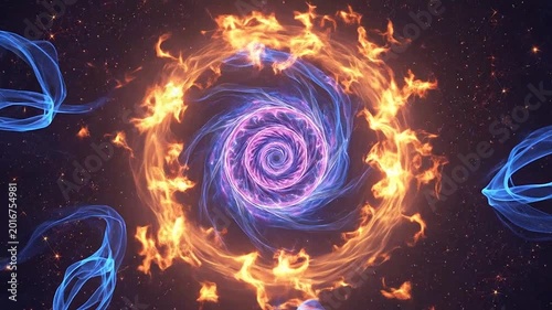 Abstract cosmic vortex with glowing orange fire and blue energy waves in deep space