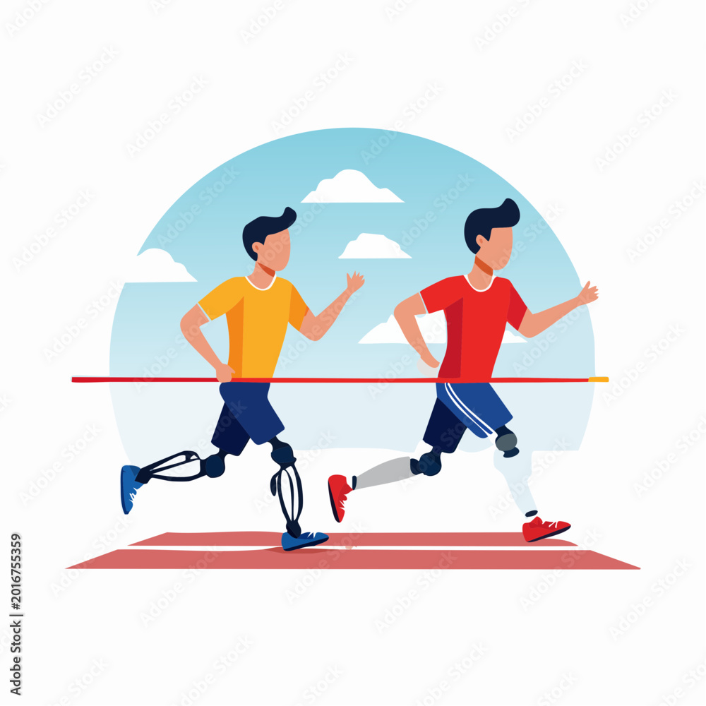 Obraz premium Paralympic runners crossing the finish line with prosthetic legs