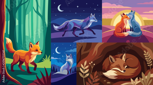 Quadro su tela An enchanting collage of foxes in various settings, showcasing the beauty of wildlife and the artistry of nature, emphasizing the magic and majesty of these cunning creatures