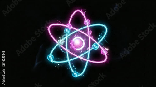 A glowing neon atom model floating against a dark background
