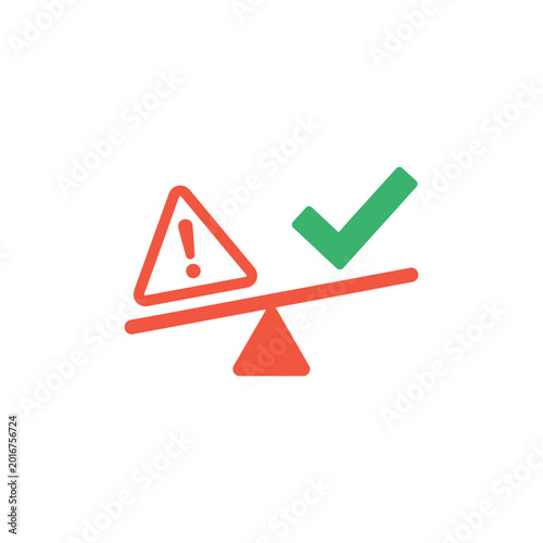 Photos Risk assessment scale balance, warning and checkmark, evaluation concept, decisi
