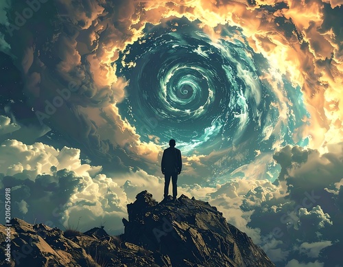 A person stands on a rocky outcrop gazing at a swirling cosmic phenomenon