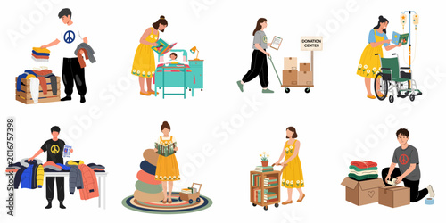 Photos Set of Volunteer Illustrations Depicting Charitable Acts such as Donating Clothes, Reading to Hospitalized Children, and Organizing Community Resources