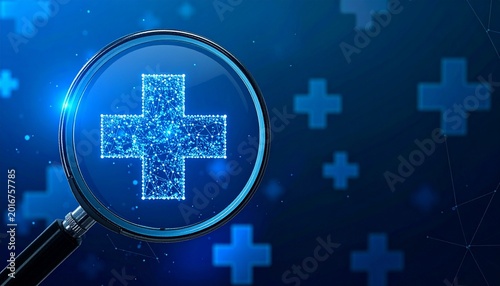 Magnifying glass medical cross glowing digital healthcare focus
