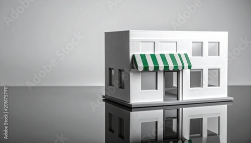 Architectural building model striped awning reflective surface minimalist design