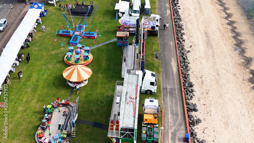 Bild auf Leinwand Aerial View of Coastal Fairground Rides and Beach in Fife Scotland