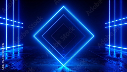 Geometric neon diamond futuristic symmetry glowing blue reflective floor