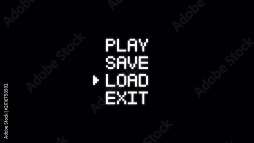 pixel art game style menu option text on black background. retro 8-bit pixel art menu. 4k animation video