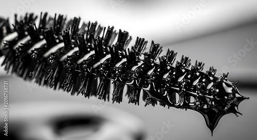 Close up of a mascara wand with glossy black bristles and liquid