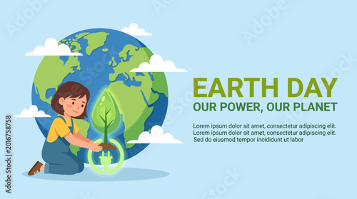 Photography A vibrant portrayal of Earth Day showcasing a child nurturing a plant while engaging with the planet, highlighting the importance of environmental consciousness and sustainability