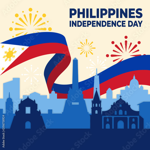 Bild auf Leinwand This striking image celebrates the spirit of the Philippines Independence Day with symbolic decorations, colors, and architectural landmarks that embody national pride
