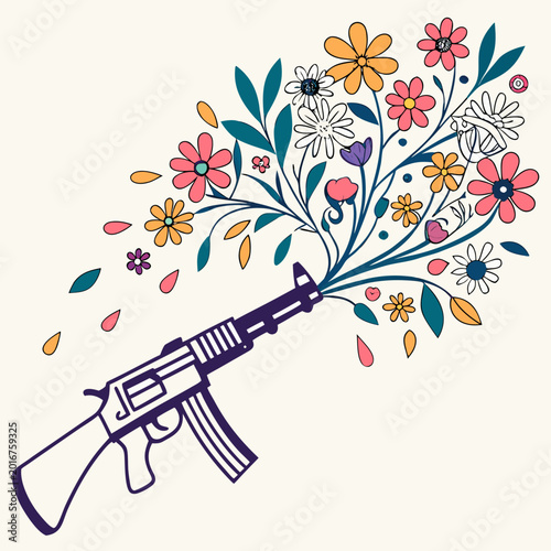 Billede på lærred Automatic rifle shooting colorful flowers and petals.