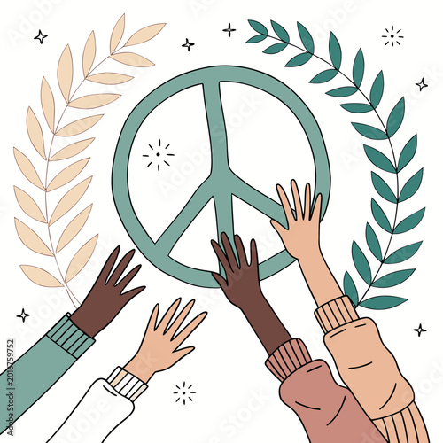 Tableau sur toile Peace sign surrounded by olive branch and hands.