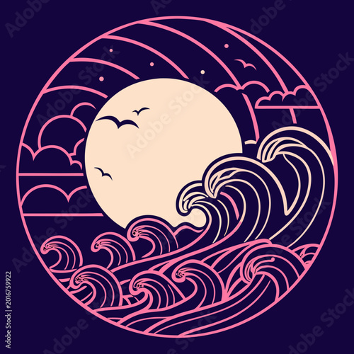 Foto Illustration of sea waves beneath large full moon.