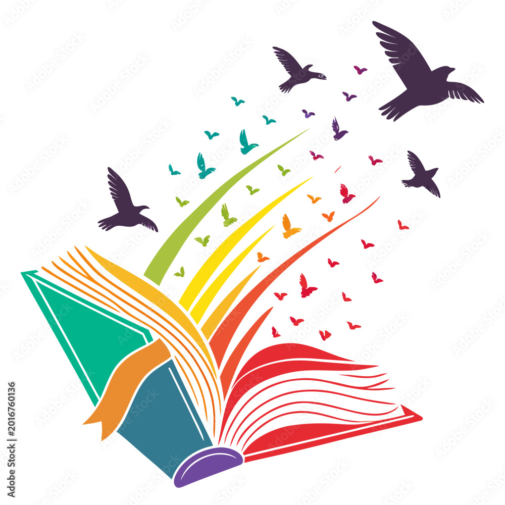 Obraz premium Rainbow pages of book transforming into birds fly.
