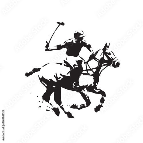 Vintage polo player on horseback vector illustration, black and white equestrian sports silhouette, classic horse riding athlete with mallet