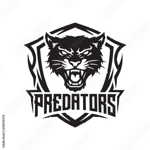 Photography Aggressive black panther mascot logo, fierce predator wild cat head on shield cr