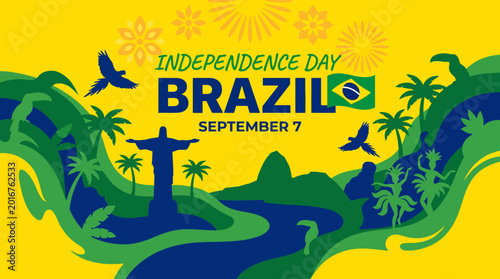 Schilderij op canvas A vibrant illustration honoring Brazil's Independence Day, featuring symbolic elements like the Brazilian flag, nature, and cultural motifs, encapsulating the spirit of national pride and unity