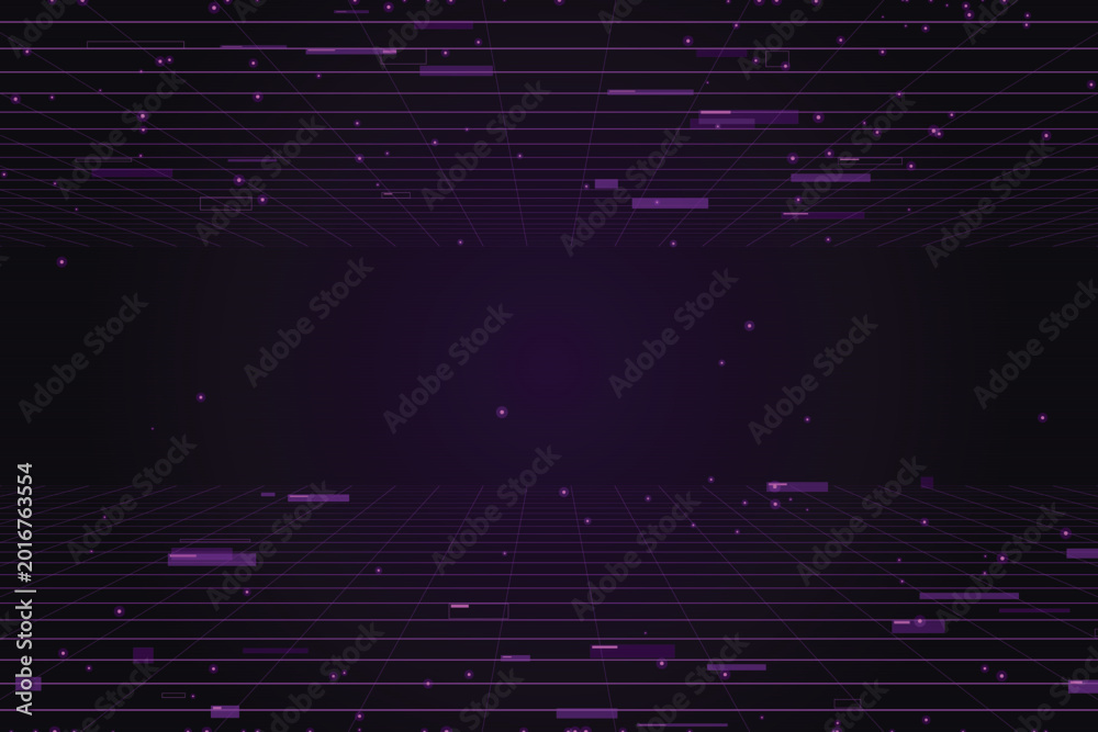 Obraz premium Digital grid with floating purple rectangles and circles abstract technology network