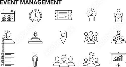 Photos Event management icon set with calendar schedule ticket location audience presen