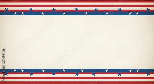 Patriotic striped banner with red white and blue stripes featuring white stars on a beige background