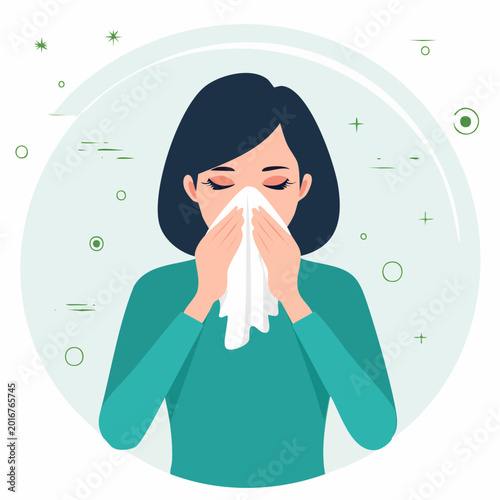 Woman blowing nose with tissue, illustration of allergy or cold symptoms