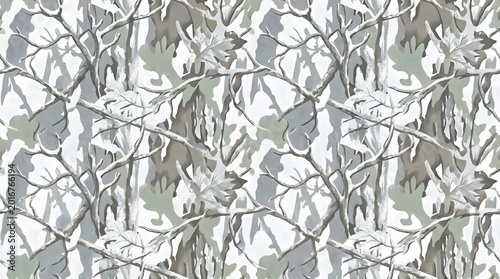 Forest camo pattern. Seamless winter forest camouflage pattern with bare branch silhouettes
