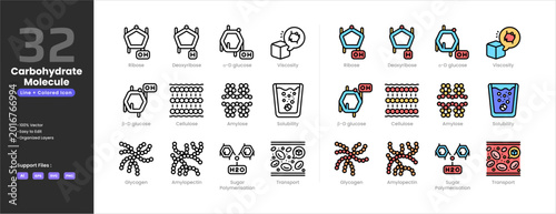 Photos Carbohydrate molecule icon set collection - colored outline line art style