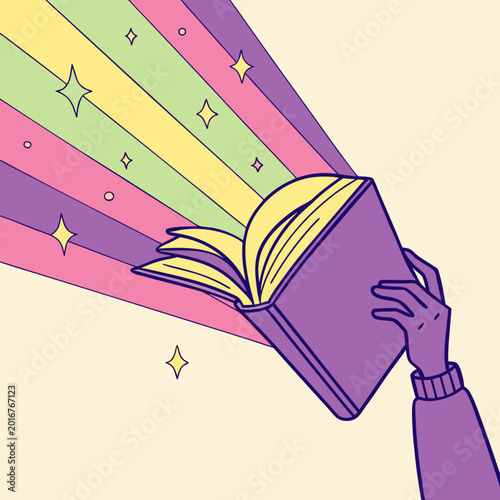 Bild auf Leinwand Illustration showing open book with rainbow energy.