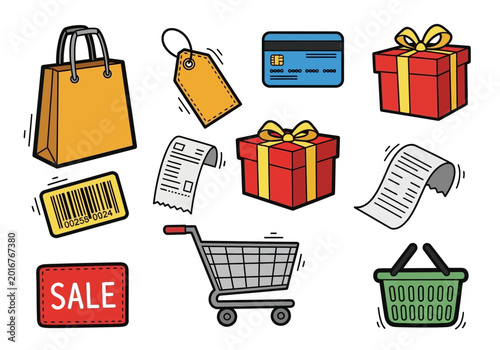 Shopping and E-commerce Vector Icon Set with Cart Bag Gift and Receipt in Doodle Style