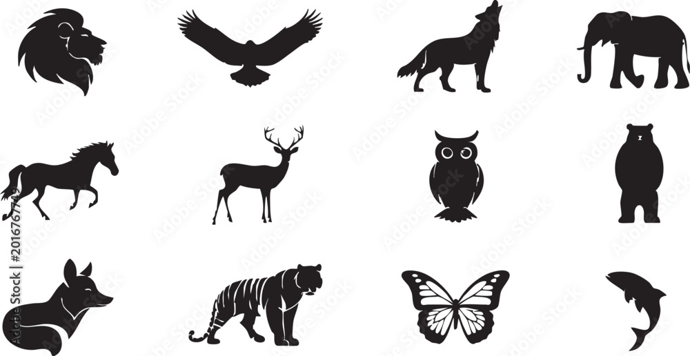 Fototapeta premium Black silhouettes of various animals on a white background including lion, bird, wolf, elephant, horse, deer, owl, bear, fox, tiger, butterfly, dolphin