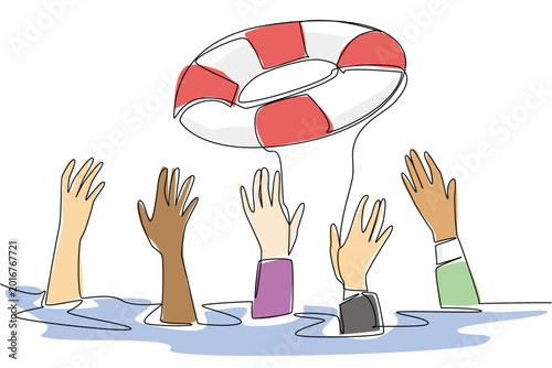 Single line drawing captures multiple hands reaching for a lifebuoy while drowning in the sea for an emergency help concept. The colorful artwork beautifully matches a safety presentation layout.