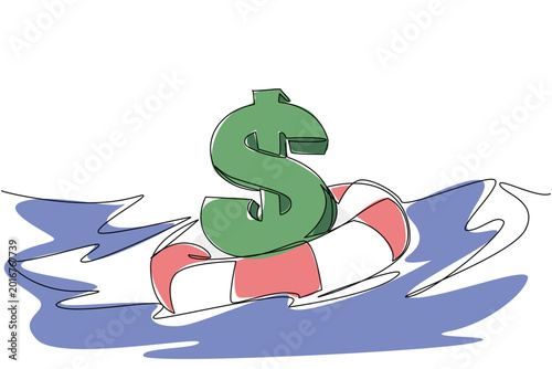 Stunning one line drawing displays a dollar symbol resting inside a lifebuoy over sea water for a business rescue concept. The wonderful colored visual perfectly suits a financial agency banner.