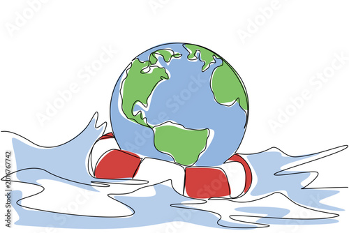 Schilderij op canvas Fascinating single line drawing displays the planet Earth resting inside a lifebuoy over sea water representing an ecology concept