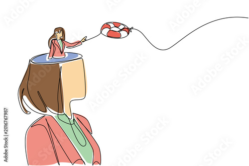 Continuous line drawing featuring a beauty businesswoman inside an open giant head throwing a lifebuoy. Illustrates a mental health concept perfectly tailored for a psychology workshop banner.