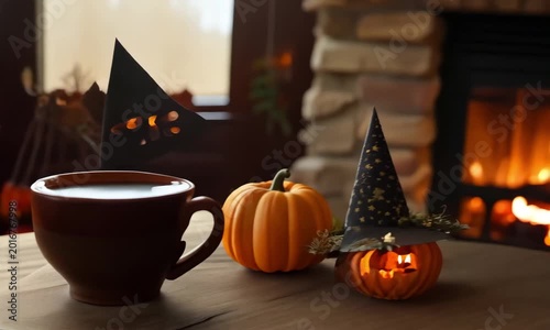 A cozy fall with a warm cup of tea, pumpkins, and colorful fall leaves arranged on a wooden table.
