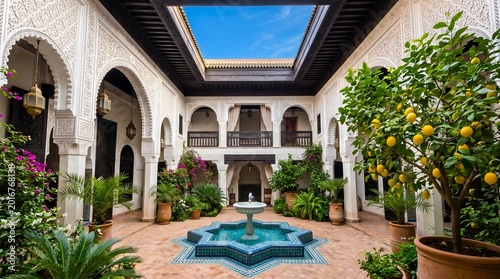 Canvastavla Traditional Moroccan riad courtyard with star-shaped fountain, intricate white architecture, lush plants, and a lemon tree under a blue sky